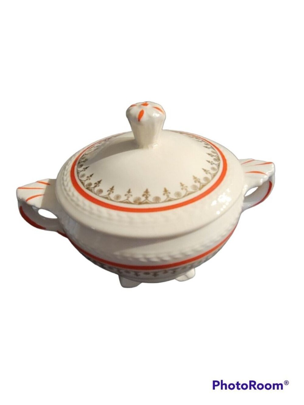 Crown Potteries Co USA Made Creamer Lidded Sugar Set Cream Red Gold c1800-1950 - Picture 9 of 12